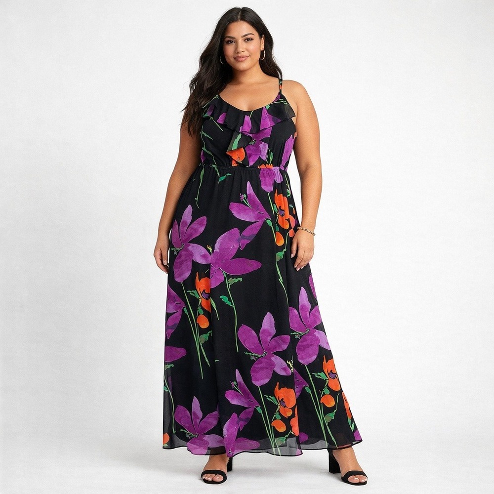 Lane Bryant Black Maxi Dress with Purple & Orange Floral Print